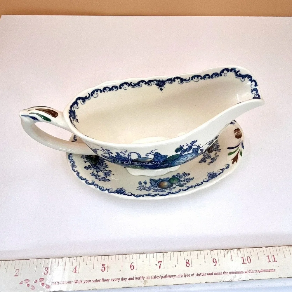 Mason's Ironstone Gravy Boat with‎ Saucer: Blue Fruit Basket Chinoiserie